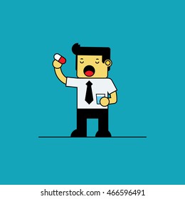 Businessman holding capsule and glass of water. Taking the pill.