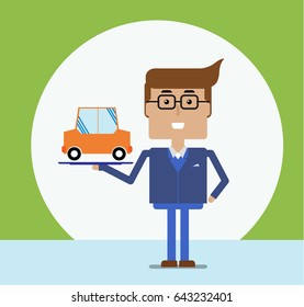 Businessman holding a car, vector illustration. Buying or rent car.