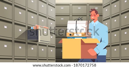 businessman holding cardboard box with documents in filing wall cabinet with open drawer data archive storage business administration paper work concept horizontal portrait vector illustration