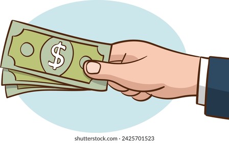 Geschäftsmann, der Bargeldtasche hält, die Geld und Banknoten gibt.Hand, die einen Dollarschein hält. Vektor-Illustration einer Hand, die Geld gibt.