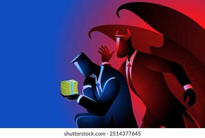 Businessman holding cash, looking pensive, while Satan whispers in his ear, symbolizing the struggle between greed and morality. Perfect for business ethics and financial temptation themes