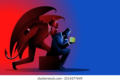 Businessman holding cash, looking pensive, while Satan whispers in his ear, symbolizing the struggle between greed and morality. Perfect for business ethics and financial temptation themes