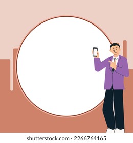 Businessman holding cellphone contains important message.Big empty speech bubble for text on bright colored background. Brand new information in phone.