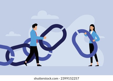 Businessman holding a chain and businesswoman with a missing link 2d vector illustration