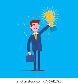 Businessman holding up a champion trophy. Championship and leadership isolated illustration.Flat style vector illustration.