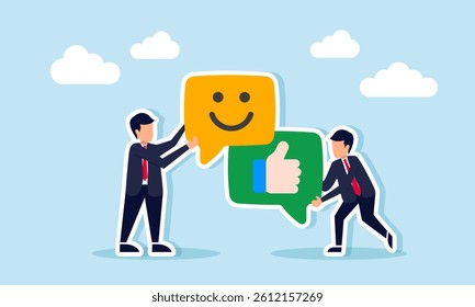 Businessman holding a chat dialog with a thumbs up, while another holds a chat dialog with a smile, illustration of positive response to business performance