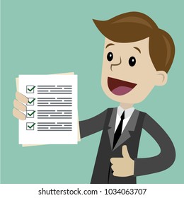 Businessman is holding check list paper. Cartoon Vector Illustration