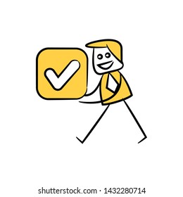 businessman holding check mark concept in stick figure yellow theme