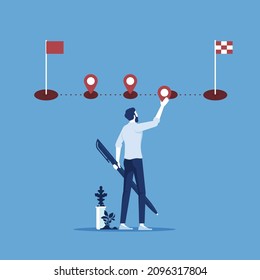 Businessman holding check mark symbol to check completed tasks in project management timeline