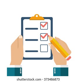 Businessman holding checklist and pencil. Questionnaire, survey, clipboard, task list. Icon flat style vector illustration. Filling out forms, planning