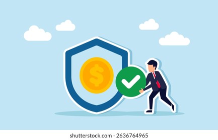 Businessman holding a checkmark next to a shield with a dollar coin illustration of trusted and verified financial insurance