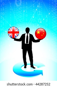 Businessman Holding china and British  Internet Flag Buttons Original Vector Illustration