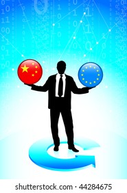 Businessman Holding china and Europe Union  Internet Flag Buttons Original Vector Illustration