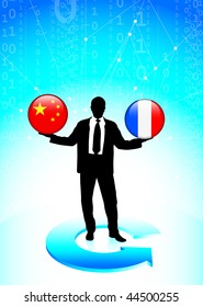 Businessman Holding china and  France Internet Flag Buttons Original Vector Illustration