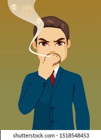 Businessman holding cigarette smoking poisonous drug addiction concept