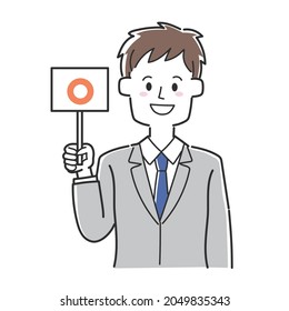 A businessman holding a circled tag