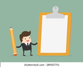 Businessman holding clipboard with blank white paper. Flat design business concept cartoon illustration.