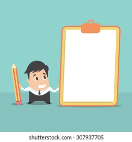 Businessman holding clipboard with blank white paper. Flat design business concept cartoon illustration.