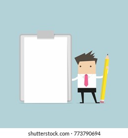 Businessman holding clipboard with blank white paper. vector