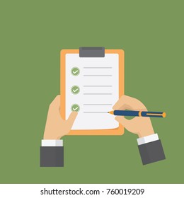 Businessman Holding A Clipboard and Filling A Checklist Form. Flat Survey/Checklist illustration