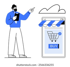 A businessman holding a clipboard gestures towards a smartphone screen displaying a shopping cart and buy button. Ideal for e-commerce, online retail, digital marketing, shopping apps, and user