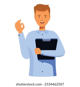Businessman holding a clipboard and gesturing ok sign, expressing positivity and success in business