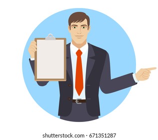 Businessman holding the clipboard and pointing something beside of him. Portrait of businessman character in a flat style. Vector illustration.