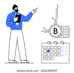 Businessman holding a clipboard points at a Bitcoin symbol connected to digital elements. A calendar with a marked date is visible. Ideal for cryptocurrency, financial planning, blockchain, business