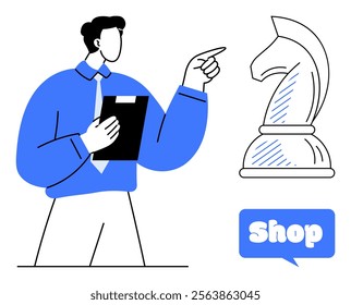 A businessman holding a clipboard points at a chess knight. A Shop button appears in a speech bubble. Ideal for business strategy, decision-making, e-commerce, leadership, and retail themes