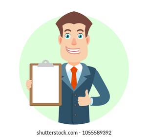 Businessman holding clipboard and showing thumb up. Portrait of Cartoon Businessman Character. Vector illustration in a flat style.