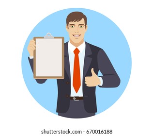 Businessman holding the clipboard and showing thumb up. Portrait of businessman character in a flat style. Vector illustration.