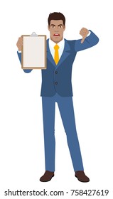 Businessman holding the clipboard showing thumb down gesture as rejection symbol.  Full length portrait of Black Business Man in a flat style. Vector illustration.