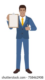 Businessman holding the clipboard and showing thumb up. Full length portrait of Black Business Man in a flat style. Vector illustration.