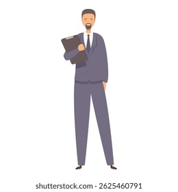 Businessman holding clipboard, standing confidently in a suit and tie