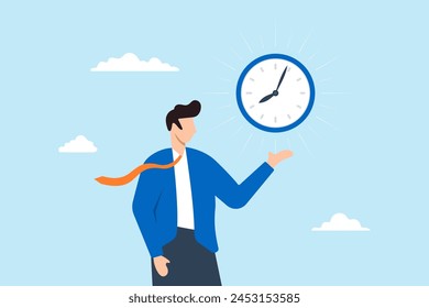 Businessman holding clock illustrating commitment to meeting reminders. Concept of punctuality, being on time for appointments or schedules, finishing work within deadlines, and time management