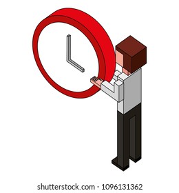 businessman holding clock time back view isometric