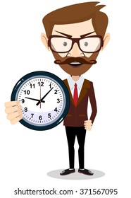 Businessman holding a clock which showing how much time is left, vector illustration