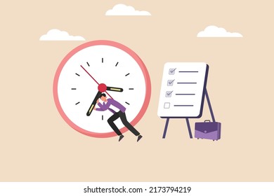 Businessman holding clockwork related to unfinished tasks. Time management concept.  Colored flat graphic vector illustration isolated. 