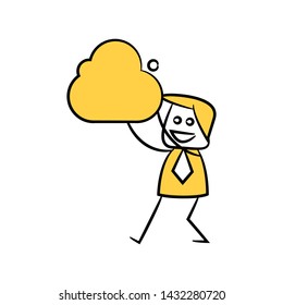businessman holding cloud concept in stick figure yellow theme