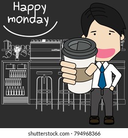 businessman holding coffee cup in cafe. Vector illustration style.