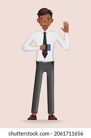 Businessman holding coffee cup and say hello character design. 3d vector illustration.