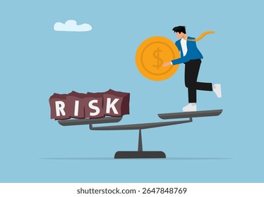 Hombre de negocios sosteniendo una moneda mientras se equilibra en un balancín contra el riesgo financiero. Ilustración vectorial conceptual para la estrategia de inversión, la gestión de riesgos y la toma de decisiones comerciales