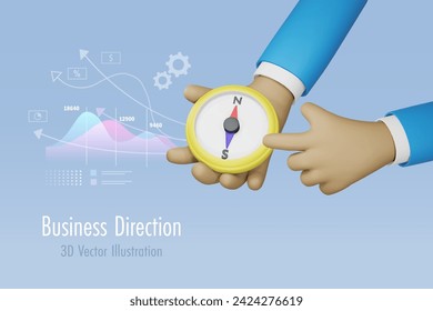 Businessman holding compass navigation searching for business growth and direction. Business tool to analyze sale and marketing strategy. 3D vector created from graphic software.