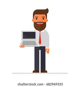 businessman holding computer tablet pc on White background