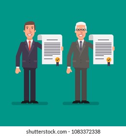 Businessman holding contract young and elderly man. Business people. Vector illustration.