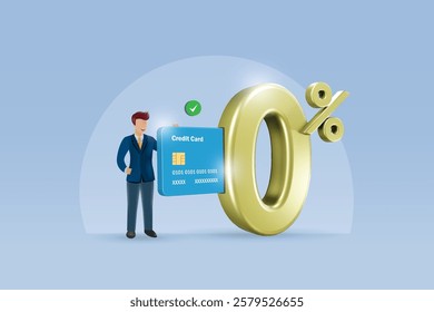 Businessman holding credit card payment with 0% interest rate for online shopping with secure money protection. Money spending, online banking, financial concept. 3D vector.