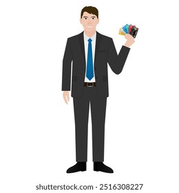 Businessman Holding Credit Card. Vector Illustration.