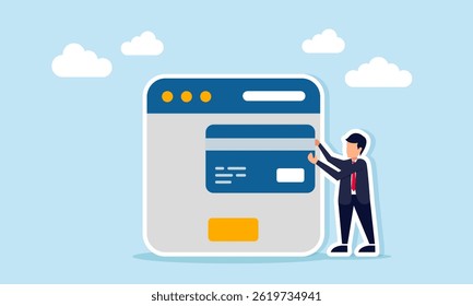 Businessman holding a credit or debit card standing next to an app interface, illustration of digitalization in the financial system for payment solutions