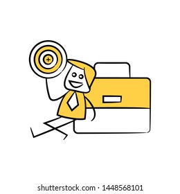 businessman holding crosshair,sitting next to briefcase yellow stick figure theme