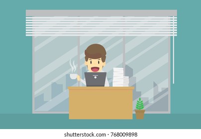 Businessman holding cup of coffee sitting on desk in office, smiling and cheerful.cartoon of business success is the concept of the man characters business,background, infographic. illustration vector